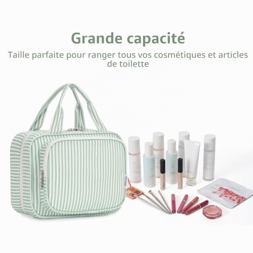 Narwey Trousse de Toilette de Voyage à Suspendre pour Femmes Trousse de Maquillage Organisateur pour Accessoires (Rayures Vert Clair(Moyen)) – vue 6
