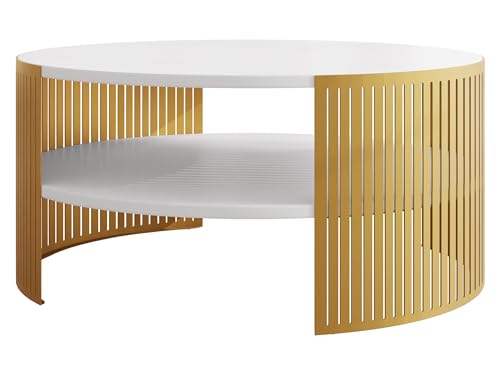 Mirjan24 Couchtisch mit Ablage Fahugin, Runde Form, Beine aus Metall, Kaffeetisch, Wohnzimmertische, Beistelltisch, Sofatisch, Teetisch (Arktisches Weiß, Gold) – Bild 5