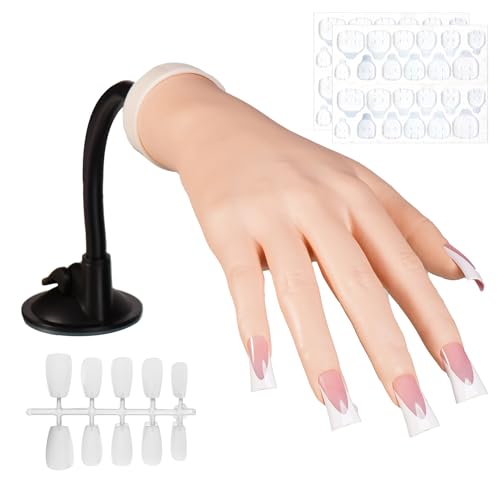 Naughtology Silicon Practice Hand for Acrylic Nails Realistic Fake Hand with Stand 40 Nail Tips and 48 Adhesive Tabs Reusable & Flexible Mannequin Training Model for Manicure & Nail Art Practice
