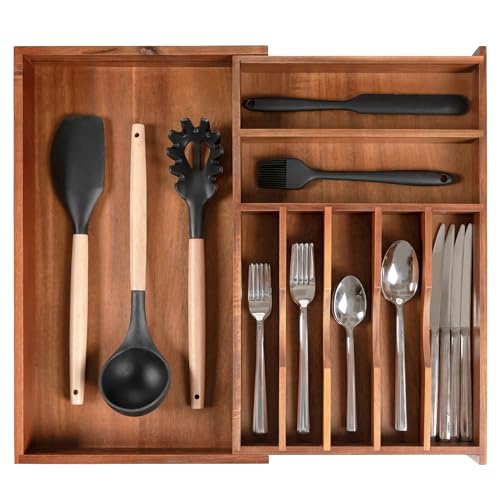 KitchenEdge Organizador de talheres Acácia, talheres e utensílios de primeira qualidade para gavetas estreitas de cozinha, expansível de 27 cm a 48 cm, 9 compartimentos de armazenamento