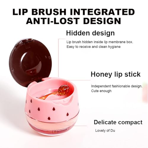 Alisesun 4PCS Strawberry & Bee Lip Balm Honey Pot, Vitamin E & Moisturizing Propolis Sleeping Lip Mask, Effective Reduces Lip Lines Prevention Dry and Cracked Scrubs Exfoliator Smoothing Dry Lip Care
