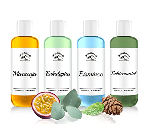 BERGBAD Saunaaufguss Set 4 x 250ml, wohltuendes, erfrischendes Sauna-Aufgussmittel ohne Alkohol - kein Gefahrgut, perfekt für Reisen oder sensible wie Heimsauna Umgebung da nicht brennbar Cover