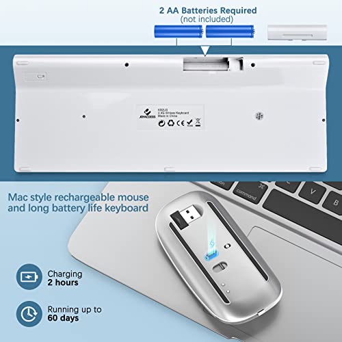 Wireless Keyboard And Mouse Combo, Gamcatz Ultra Thin Full Size Keyboard With Number Pad And Rechargeable Slient Click Mouse For Mac Imac Macbook Air Pc Laptop Tablet Computer Windows-Silver White #TOP2