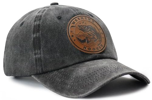 Image of Weekend Hooker Hat for Men Women, Vintage Cotton Fish Decor Leather Patch Baseball Cap for Fishing Lovers Dad Mom
