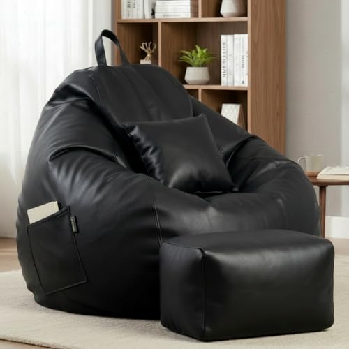Image of KAM'S LIEU 5XL Luxury Faux Leather Bean Bag with Footrest & Cushion | Pre-Filled High-Density Polystyrene Beans | Premium Leatherette | 6 Months Warranty Color- (Black, Without Footrest)