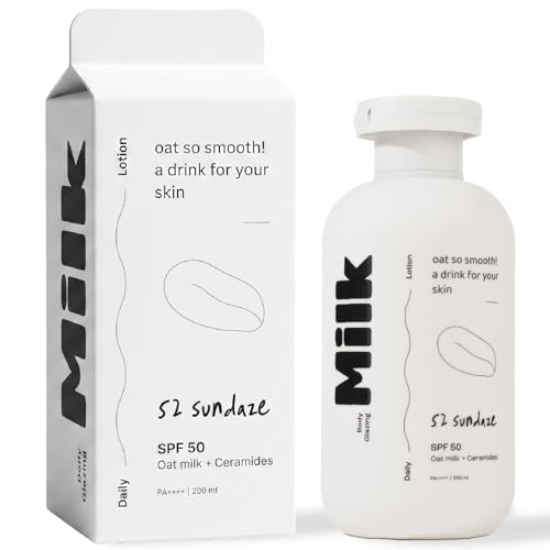Image of 52 Sundaze Body Glazing Milk SPF 50 PA++++ | Hydrating Sunscreen Body Lotion with Oat Milk, Ceramides & Niacinamide | Lightweight Quick-Absorbing Formula | Non-Sticky, Non-Greasy Finish | Reduce Tan | No White Cast | All Skin Types | 200 ml