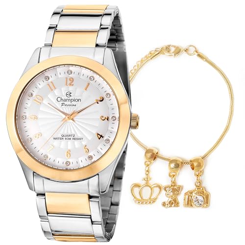Relógio Feminino Champion Bicolor Analógico + Pulseira Berloques CN29409S