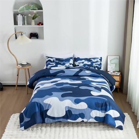 Meeting Story Camouflage Bedding Set, Colorful Pattern Style Comforter Set, 3 PCS One Comforter Two Pillowcases Two Sheets in One Bag, All Season Bedspread for Teens Adults (Navy, Queen Cover