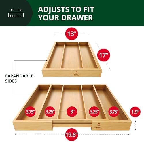 Bamboo Kitchen Drawer Organizer and Utensil Holder - Expandable Cutlery Tray for Kitchen Utensils, Flatware and Silverware by Royal Craft Wood