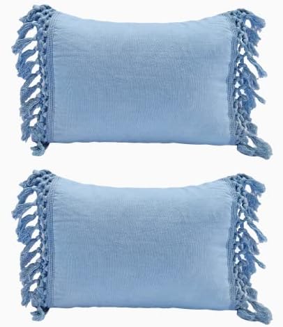 BOHOPHY Set of 2 Cotton Soft Blue Throw Pillow Covers with Fringe Tassels 14x20 Inch Light Blue Soft Decorative Cushion Cover for Sofa Bedroom Blue Light Blue Pillow (Océano 2 Pack)