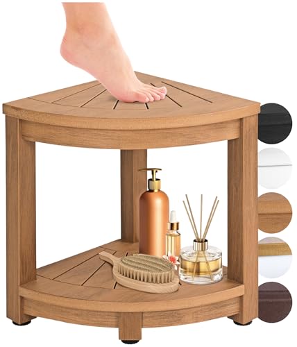 ROHKEX Waterproof Corner Shower Stool - Brown Waterproof Shower Bench for Shaving Legs & to Sit On - Easily Assembled Corner Bench & Shelf - Restroom Organizer - Bathroom Stool