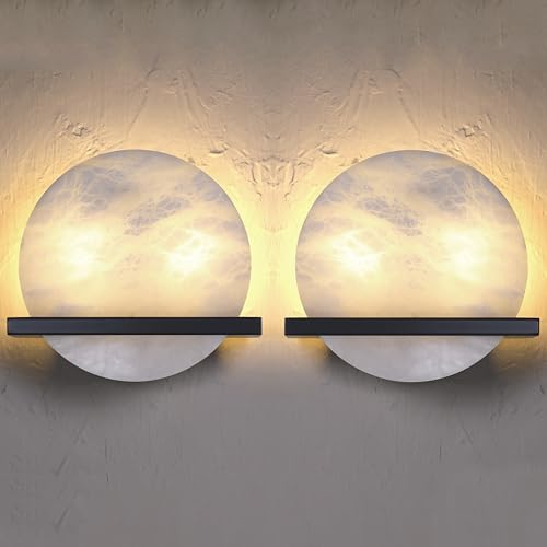 Image of 2 Pack 2 Light 10 inch Round Natural Alabaster Bathroom Wall Sconce Modern Concise Style Wall Light Fixture,Black Finish for Bedroom Hallway Bedside Living Room