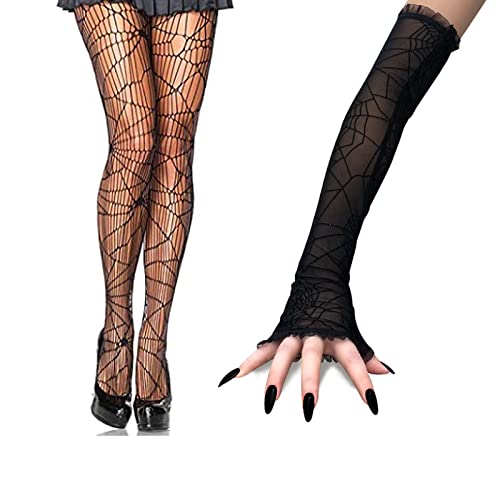 eyigylyo Halloween Spiderweb Tights Spider Web Arm Warmer Long Gloves Fingerless Gloves Spider Fishnets Stockings for Women Halloween Witch Costume