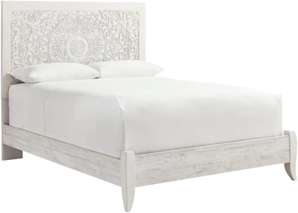 BOWERY HILL Coastal Engineered Wood Queen Panel Headboard, 58" H x 63" W x 3" D, Whitewash Finish, Carved Medallion Design, Durable Bedroom Furniture for Queen Beds