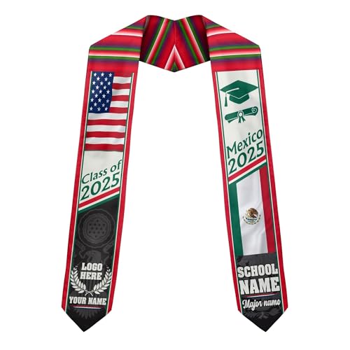 MonkeyVan Personalized Graduation Stole for Mexico Senior, Mexican Flag Graduation Sash Class of 2025 Graduation Day Gifts S388