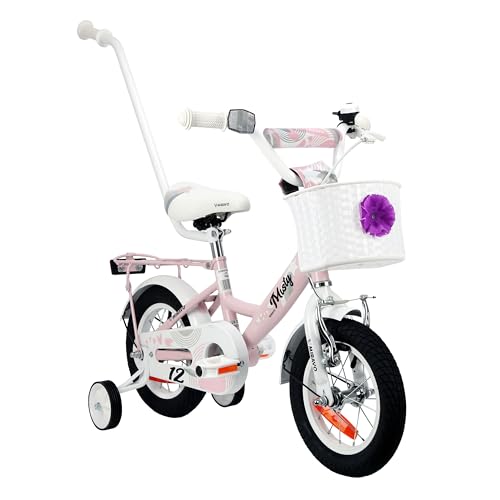 MIRAVO Kinderfahrrad Fahrrad Kinder Mit Stützrädern Schubstange V-Brake Bremsen Rückstrahl Aufkleber 12 Zoll Radgröße Korb Für Mädchen Misty Pink