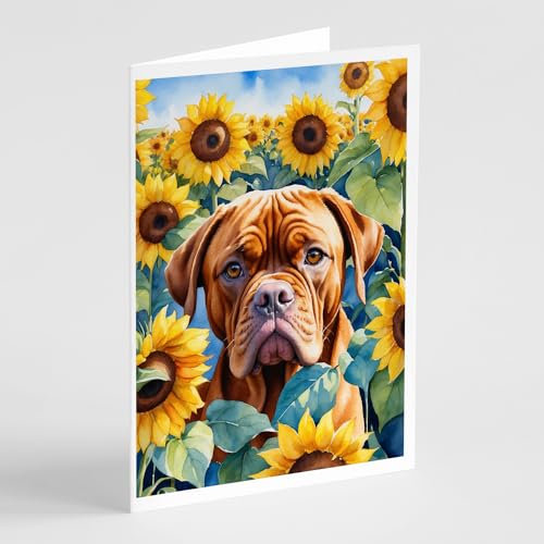 Caroline's Treasures Dogue de Bordeaux in Sunflowers Greeting Cards Pack of 8 Blank Cards with Envelopes Whimsical A7 Size 5x7 Blank Note Cards