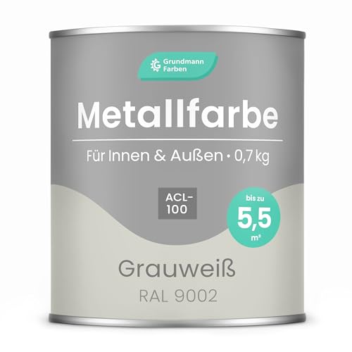 Grundmann Metallfarbe ACL 100 - Altweiss 0,7 Kg - Seidenmatt - 4in1 Metallschutzlack inkl. Rostschutz und Grundierung - RAL 9002 Grauweiß
