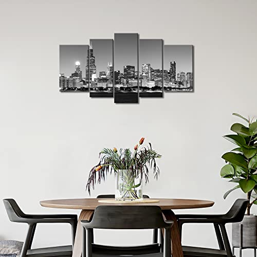 Chicago City Wall Art Decor Poster Painting On Canvas Print Pictures 5 Pieces View Of Chicago Skyline At Night In Black And White Place Cityscape Framed Picture For Home Decoration Living Room Artwork #TOP4
