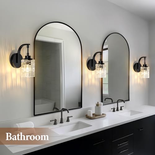 Image of Matte Black Wall Sconce, 1-Light Bathroom Vanity Light Fixture | Clear Glass Shade, E26 Base, Easy to Install, Modern Wall Light for Mirror Living Room Hallway Bedroom