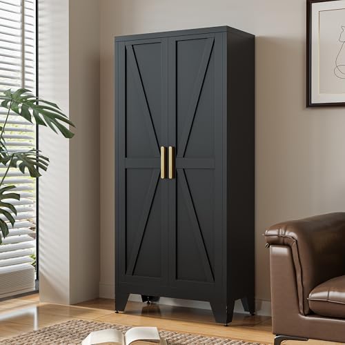 Image of LCAOPC 61 inch Tall Metal Storage Cabinet with 2 Doors and 3 Adjustable Shelves, 4-Tier Kitchen Pantry Storage Cabinet for Kitchen, Living Room, Dining Room and Office, Black