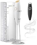 Fromère de lait blanc - Coffee Frother Handheld avec fouet électrique - 19000 rpm - Recettes de livres et support en acier inoxydable inclus - Mélangeur à main électrique (blanc et or)