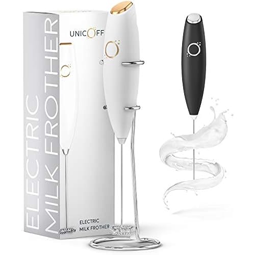 Milk Frother White - Coffee Frother Handheld with Electric Whisk - 19000 rpm - Book Recipes and Stainless Steel Stand Included - Hand Mixer Electric (White and Gold)
