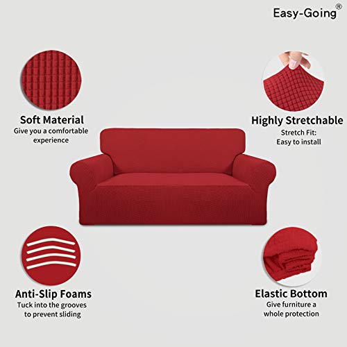 Image of Easy-Going Stretch Oversized Loveseat Slipcover 1-Piece Sofa Cover Furniture Protector Couch Soft with Elastic Bottom for Kids Polyester Spandex Jacquard Fabric Small Checks Christmas Red