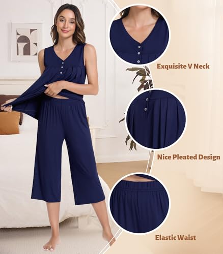 Image of NACHILA Pajamas for Women-Viscose Made from Bamboo, Sleeveless Pjs Top with Capri Pants Pajama Set Cool Pleated Sleepwear