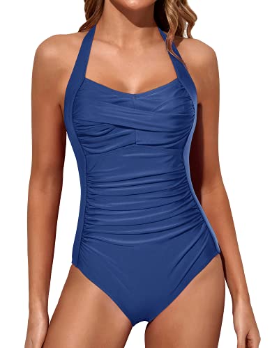 Tempt Me Women Blue Tummy Control Vintage Halter One Piece Swimsuit Ruched Padded Bathing Suits L