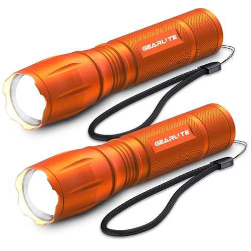 GEARLITE Lampe de poche LED 2 pièces, 2000 lumens Lampe torche LED lampe torche puissante avec 5 modes, IP65 lampe tactique étanche enfants pour le camping, le plein air, l'urgence-Orange