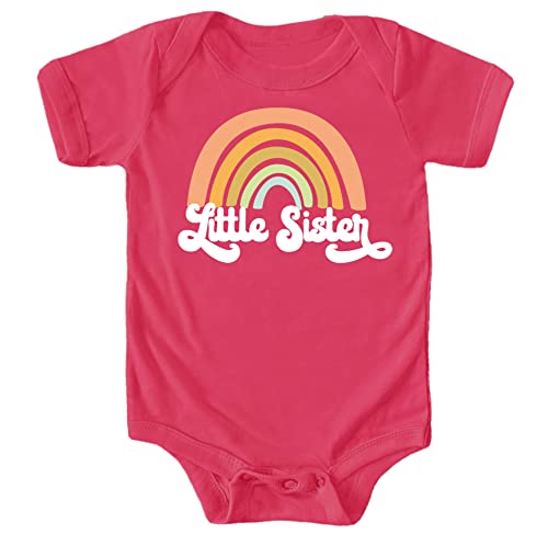 Image of Olive Loves Apple Retro Rainbow Little Sister Sibling Reveal Announcement Bodysuit for Baby Girls Sibling Outfits Vintage Hot Pink Bodysuit 6 Months