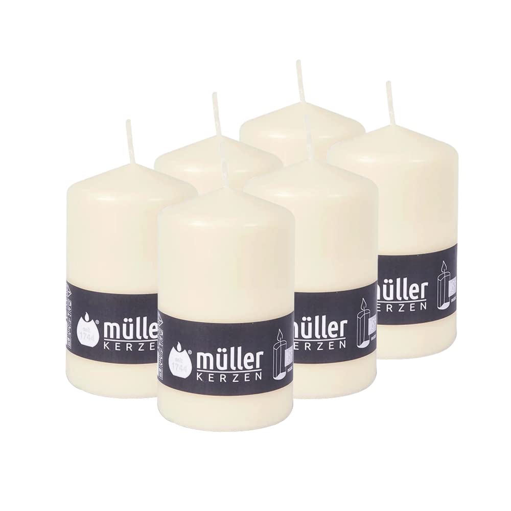 Müller Unscented Pillar Candles - Set of 6 Ivory Candles in Bulk - 6,8 x 11 Cm - 35 Hours Long Lasting Decor Candles - Non Drip Wax - Smokeless Wick - RAL Quality - Made in Germany