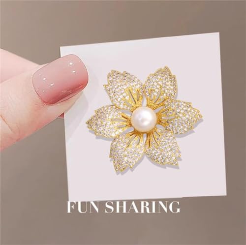 Image of Crystal Pearl Flower Brooch Bauhinia Rhinestone Lapel Pin Vintage Elegant Floral Pearl Badge Pin Clothing Accessory Jewelry Gift