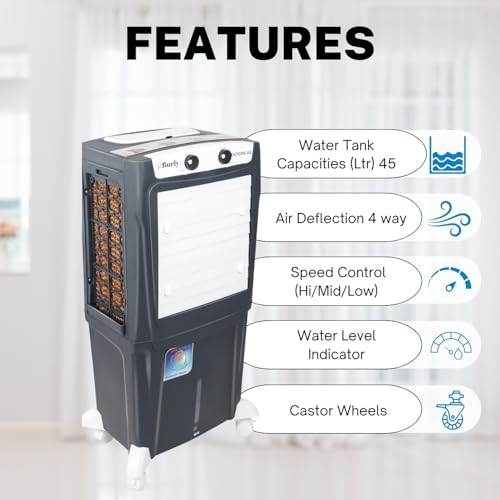 Image of BHABURLY | Eazycool 45 L Room Personal Air Cooler | 4-Way Air Deflection | 2350 CMH Ice Chamber, Anti-Bacterial Honeycomb Pad, 3-Speed Control, Castor Wheels, Inverter Compatible, 200 sqft Floor Area