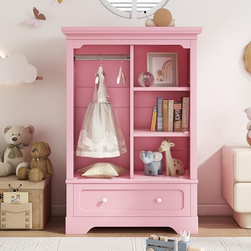 ROCKRAIN Kids Wardrobe Pink Open Storage: Low-Profile Design with Hanging Rod & Drawer - MDF & Particle Board Safe Rounded Corners - Easy Access for Toddlers & Children Bedroom Organization