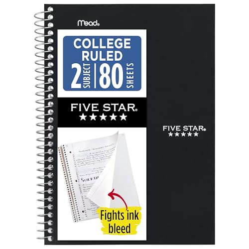 Five Star Spiral Notebook, 2 Subject, College Ruled Paper, 6" x 9-1/2", 80 Sheets, Fights Ink Bleed, Water Resistant Cover, Black (840029AA2-ECM)