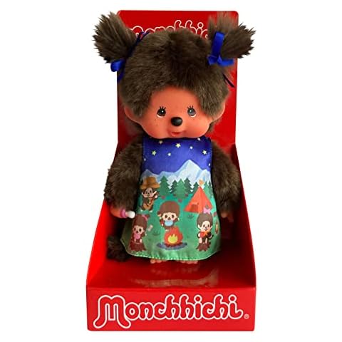 Sekiguchi 243082 Original Monchhichi Girl, Dress Figure and Pigtails with Bows, Approximately 20 cm High in Plush Brown, Multicoloured, 10208802 Cover