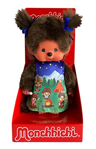 Sekiguchi 243082   Original Niña Monchhichi, Figura de Peluche con Vestido y Coletas con Lazos, de Unos 20 Cm de Altura Peluche de Felpa Marrón