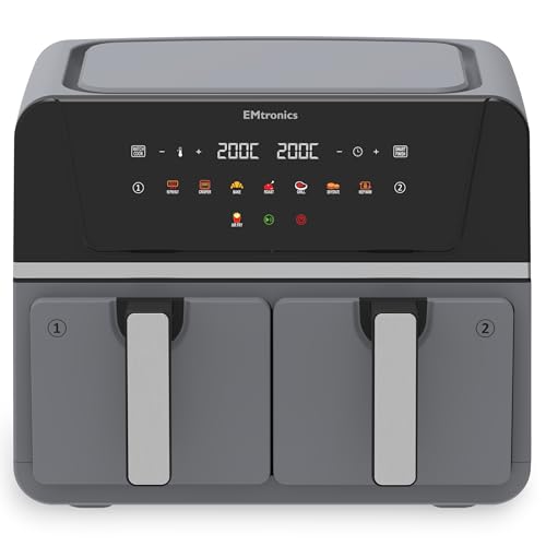 EMtronics 8L Dual Zone Air Fryer 2500W Family Size, 8 Preset Cooking Mode, Match Cook & Smart Finish Functions, 8 Litre - Grey