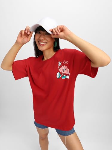 Image of JUNEBERRY Pure Cotton Oversized Baggy Fit Round Neck Drop Shoulder Swan White Back Graphic Printed T-Shirt for Women /Girls