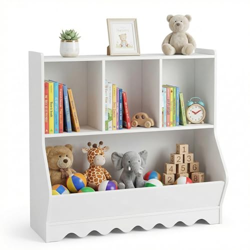 elnure Étagère Enfant 4 Casiers avec Grand Bac de Rangement - Meuble Bibliothèque et...