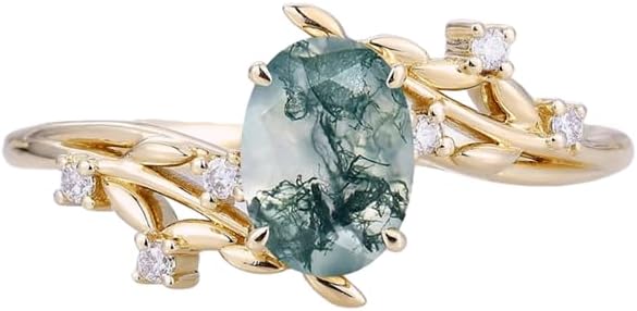 Aihpos Unique Moss Agate Rings Natural Inspired Branch Green Moss Engagement Rings For Women 10k 14k 18k Gold Natural Gemstone Moss Agate Jewelry Wedding Ring