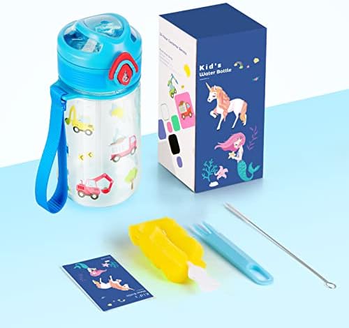 Bobicon Kids Water Bottle with Straw,Child Water Bottle 420ml, BPA Free Tritan Leak Proof Cute Bottle, Easy Clean Carry Strap for School Outdoors