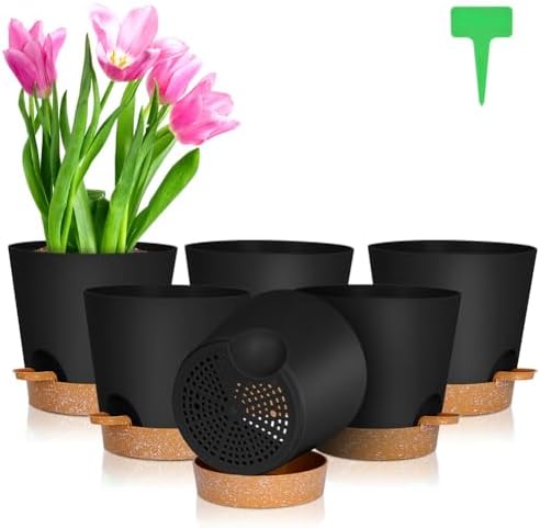 OFFCUP Kunststoff Blumentopf, 6 Stück Blumentopf mit Untersetzer 16.5*17cm | Pflanztopf Selbstbewässerung, mit 20 Pflanzenetiketten Blumentopf Mit Bewässerungssystem für Innen und