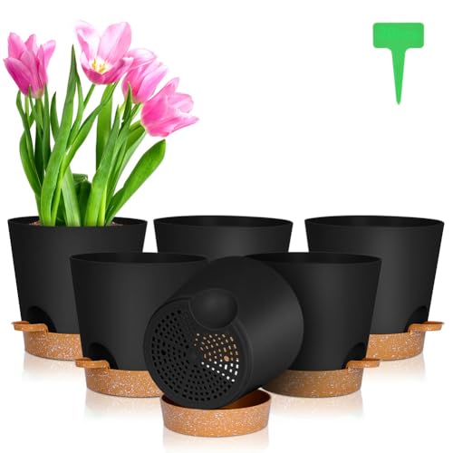 OFFCUP Lot de Pot de Fleur en Plastique, 6pcs Pots de Fleurs Auto-Arrosant, Pots de Plantes avec Trous De Drainage et Soucoupes Amovible pour d'Intérieur et d'Extérieur Jardins de Balcon -Noir 16,5cm