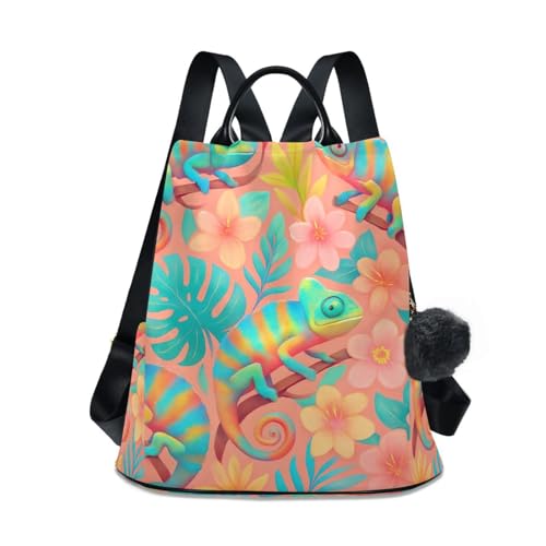 Mochila de mujer con bolsillo trasero antirrobo y colorido diseño de camaleones