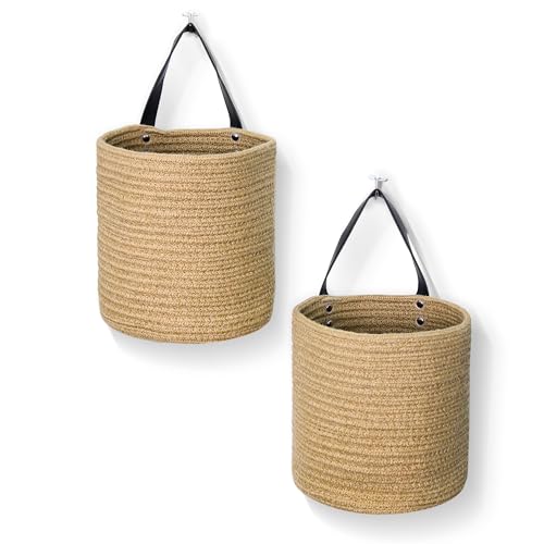 MEGASKET 2 Pack Hanging Basket, Small Wall Baskets for Organizing, Wicker Boho Wall Decor Set, Indoor Hanging Plant Holder, Rattan Woven Organizer for Home Decor, Farmhouse Storage Bin, Jute
