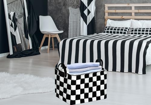 Image of Rectang Checkered Flag Storage Basket Gift Shelf Basket Storage Bin, Nursery Basket Organizer Box for With Handles for Room Deco