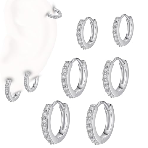 3 Pairs Sterling Silver Hoop Earrings for Women, Hypoallergenic Ladies Earrings Cubic Zirconia for Pierced Ears, 3 Styles Small Hoop Huggie Earring Sterling Silver Pierceing Jewelry (8/10/12mm)
